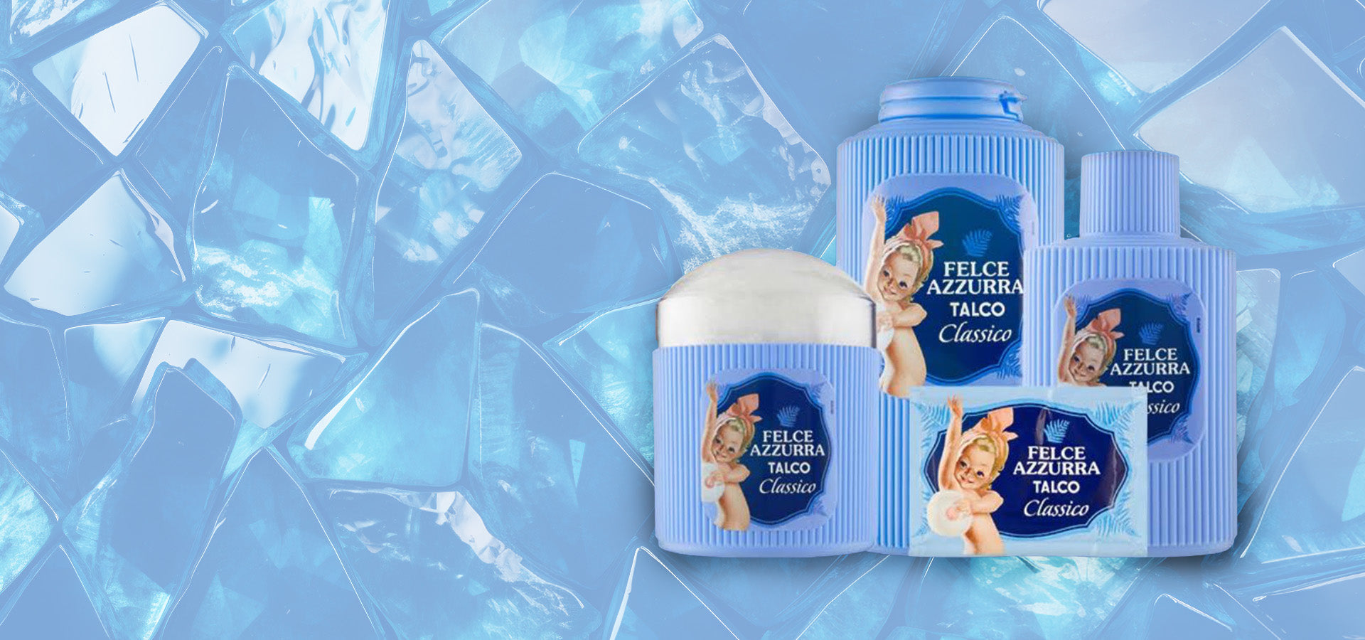 Colección Felce Azzurra Talco Clásico – Talco perfumado, jabón y polvo en frasco, para un ritual completo de suavidad.