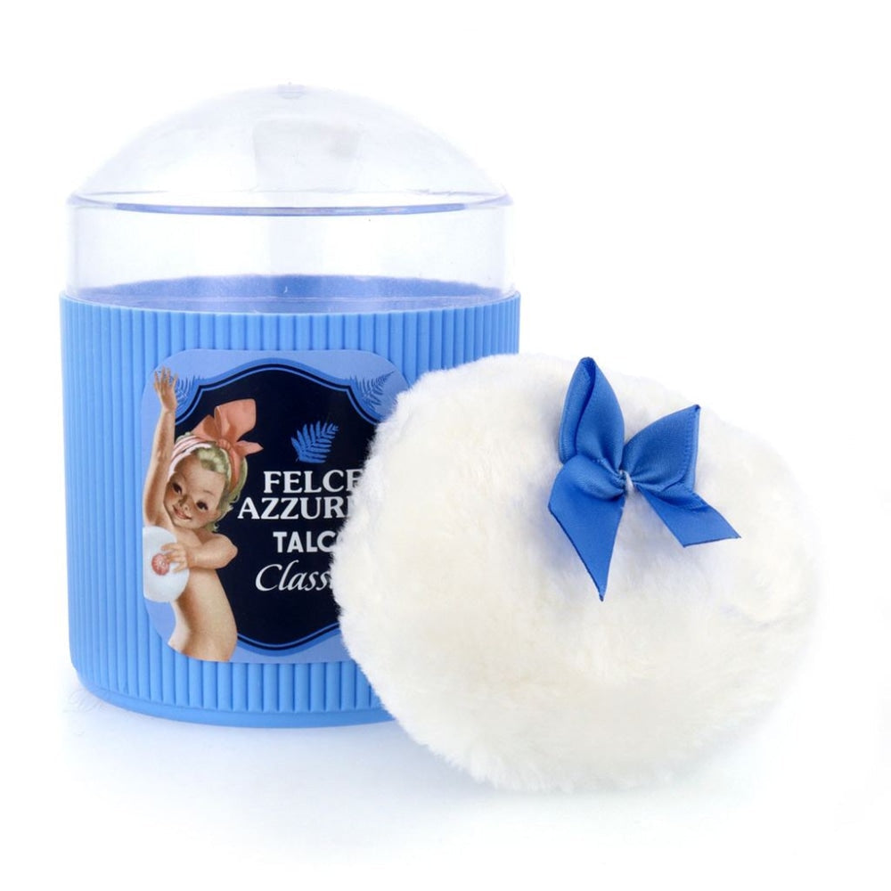 Felce Azzurra Talco Clásico – Polvo perfumado con borla suave de lazo azul para aplicación delicada.