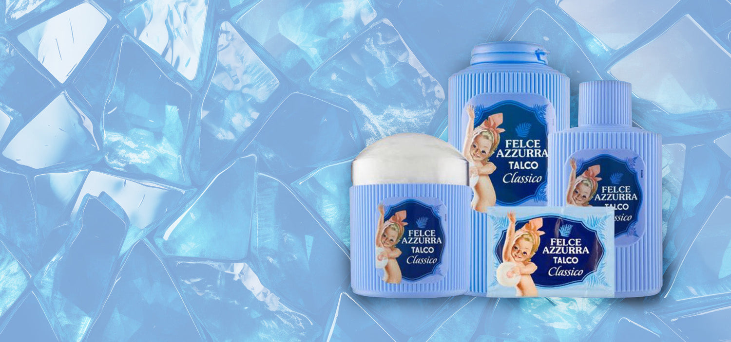 Colección Felce Azzurra Talco Clásico – Talco perfumado, jabón y polvo en frasco, para un ritual completo de suavidad.